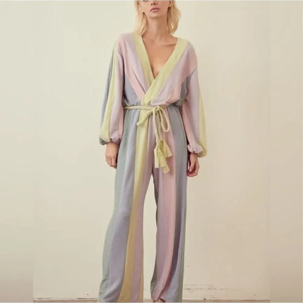 NWT Storia Rainbow Pastel Long Sleeve Pants Jumpsuit size Medium - Picture 2 of 7